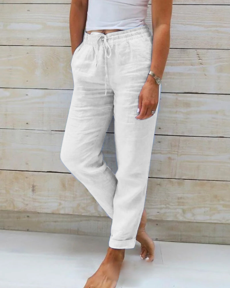 Monica - Pantalón con cintura elástica de algodón y lino