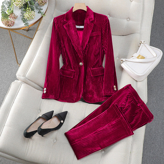 Conjunto de chaqueta y pantalón de terciopelo para mujer