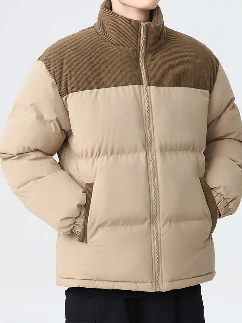 Chaqueta acolchada de moda con diseño de bloques de color para hombre: abrigo grueso y cálido para el invierno