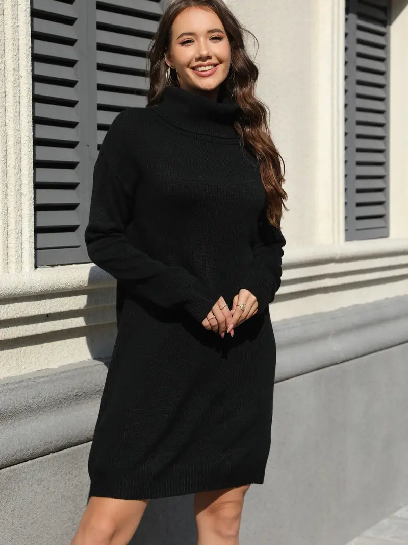 Elegante vestido de punto con mangas largas y cuello alto