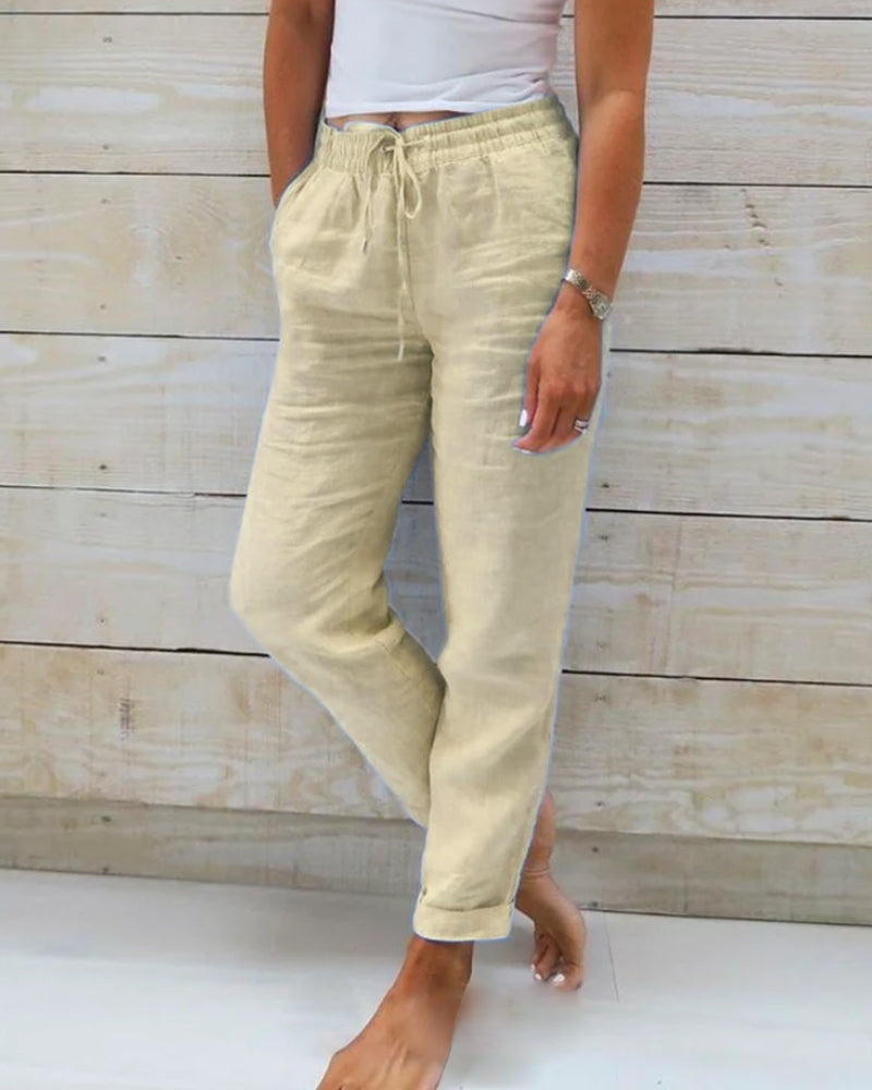 Monica - Pantalón con cintura elástica de algodón y lino