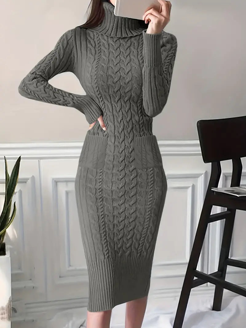 Elegante vestido ajustado de punto por cable con dos bolsillos