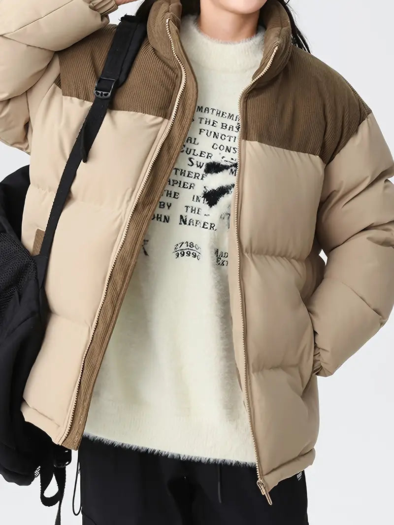 Chaqueta acolchada de moda con diseño de bloques de color para hombre: abrigo grueso y cálido para el invierno