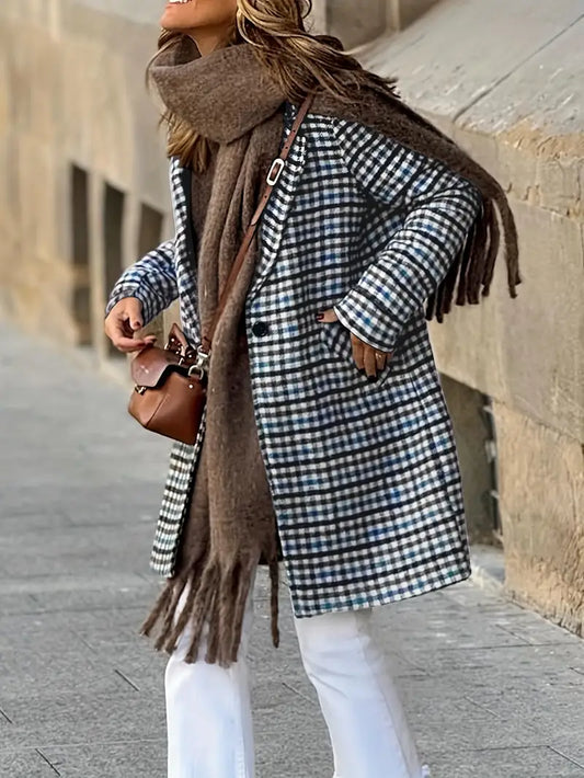 Elegante - Abrigo de invierno a cuadros con botones, poliéster