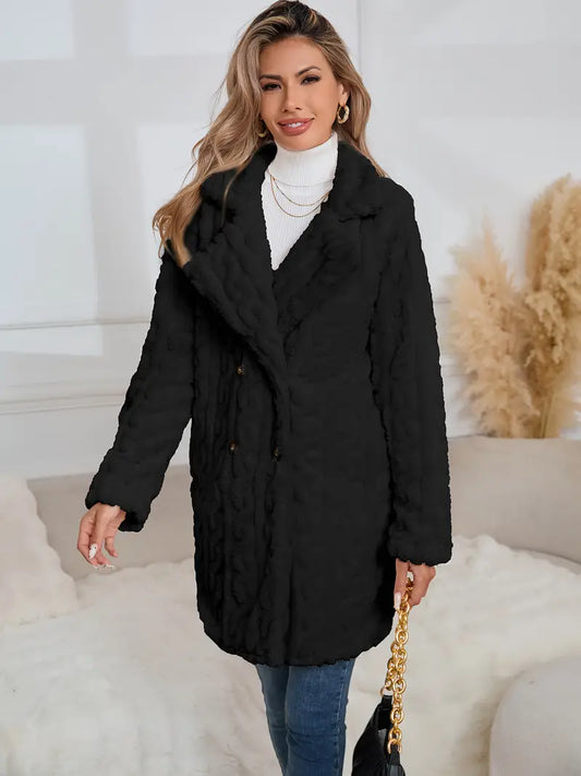 Acogedora chaqueta de invierno para mujer, forro polar - doble botonadura, mangas largas