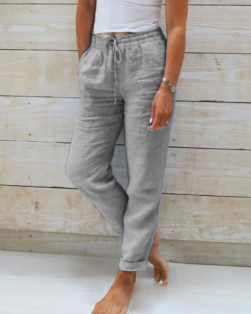 Monica - Pantalón con cintura elástica de algodón y lino