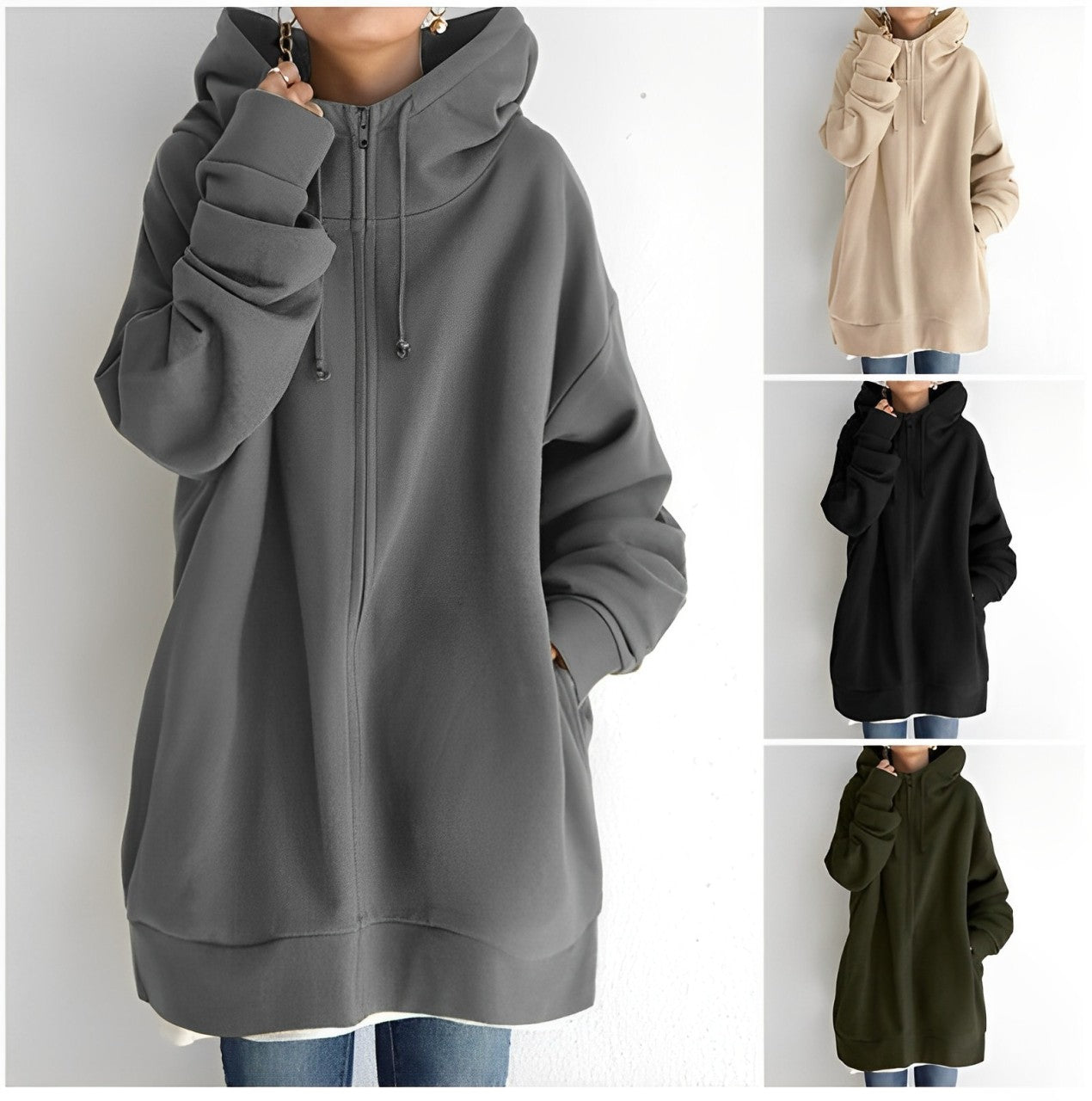 Chaqueta larga con capucha y cordón para mujer