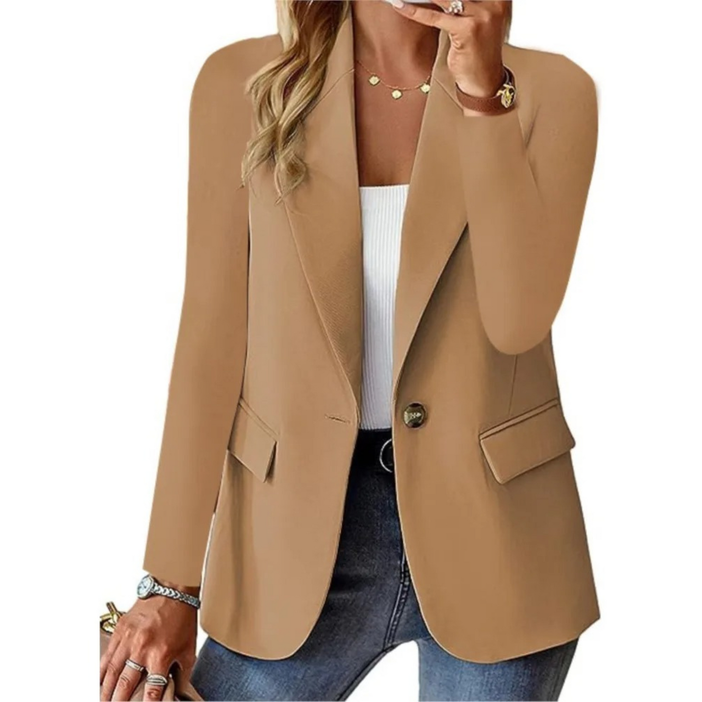 Americana casual de mujer de manga larga con hebilla y bolsillo slim