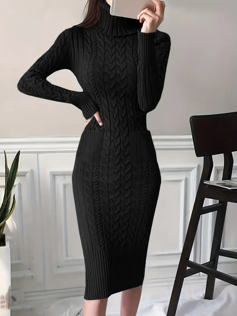Elegante vestido ajustado de punto por cable con dos bolsillos
