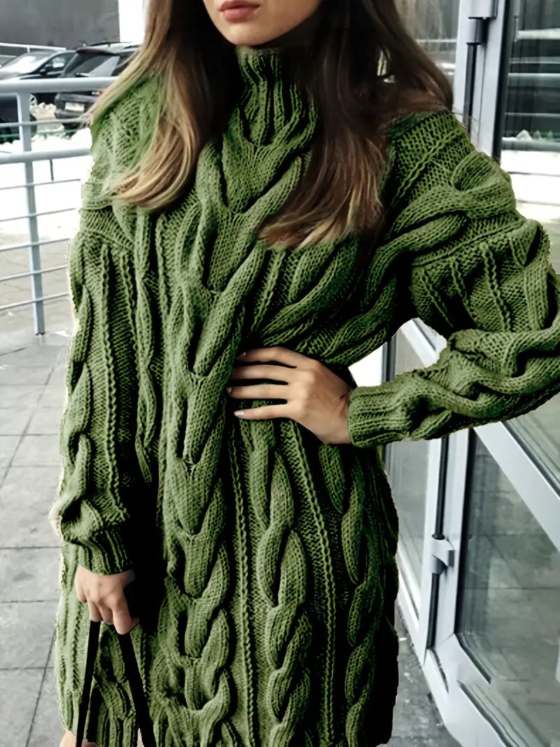 Vestido jersey informal con cuello alto en punto de cable sólido para el día a día