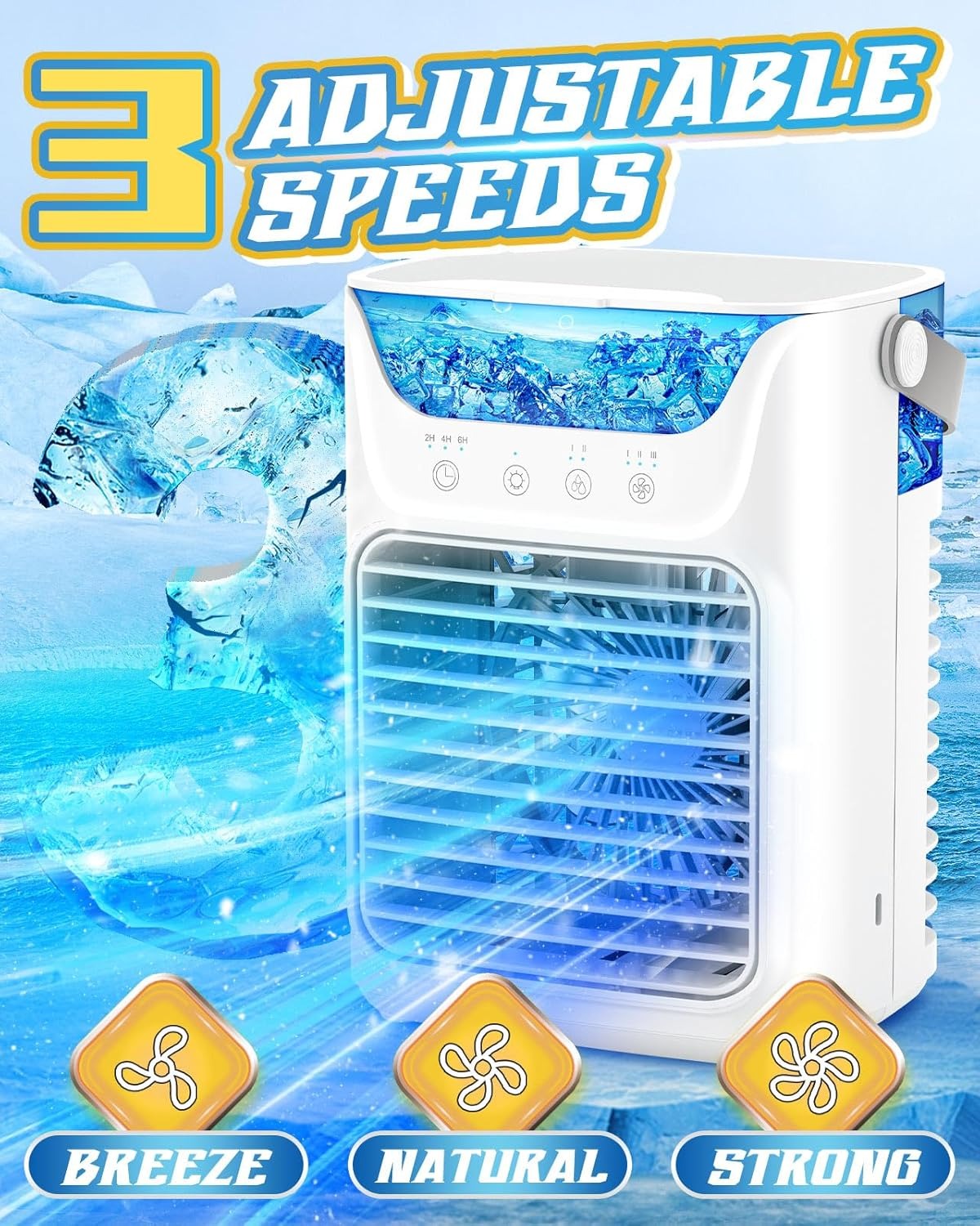 Ventilador portátil de AC con 3 niveles de velocidad e iluminación LED de colores