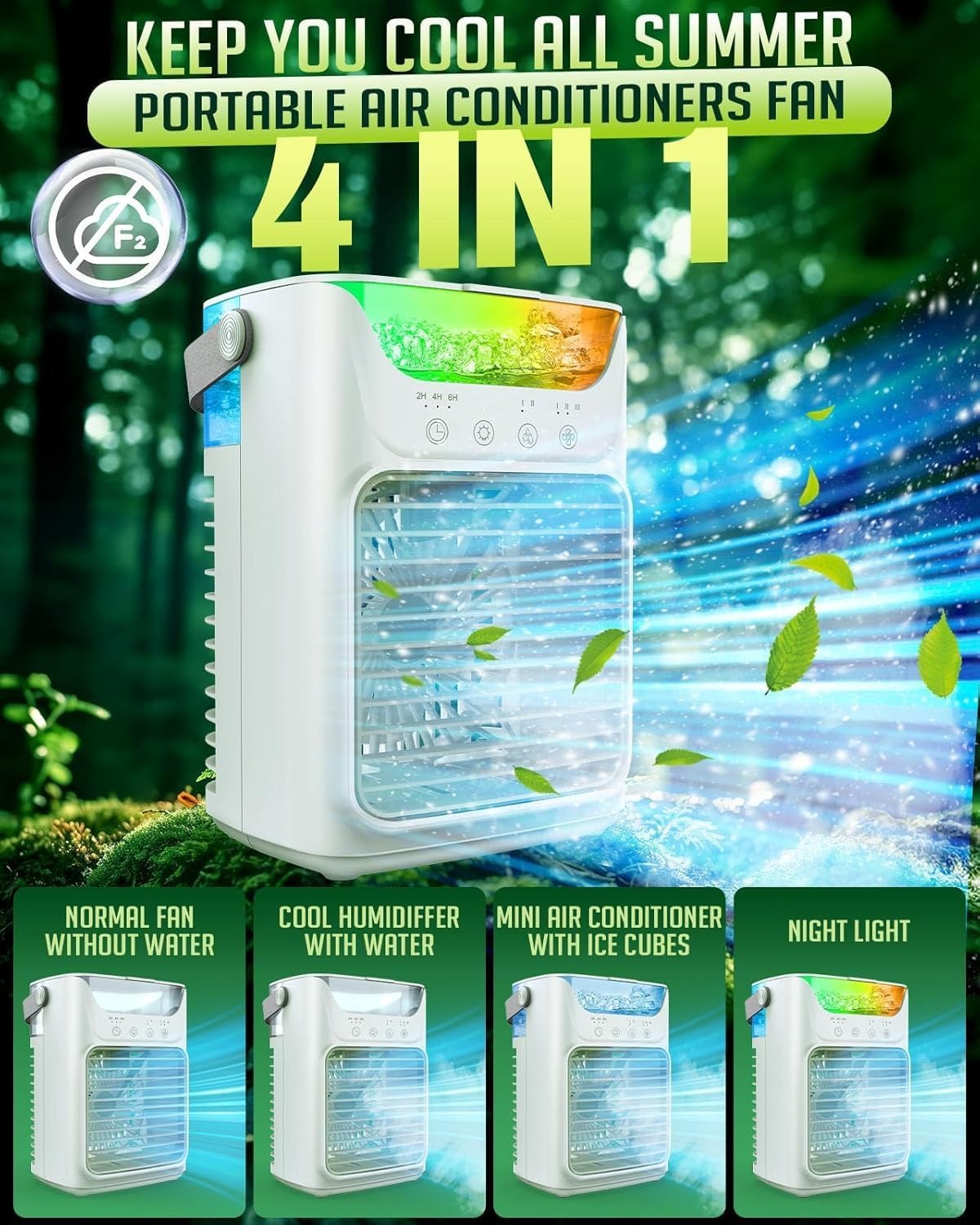 Ventilador portátil de AC con 3 niveles de velocidad e iluminación LED de colores