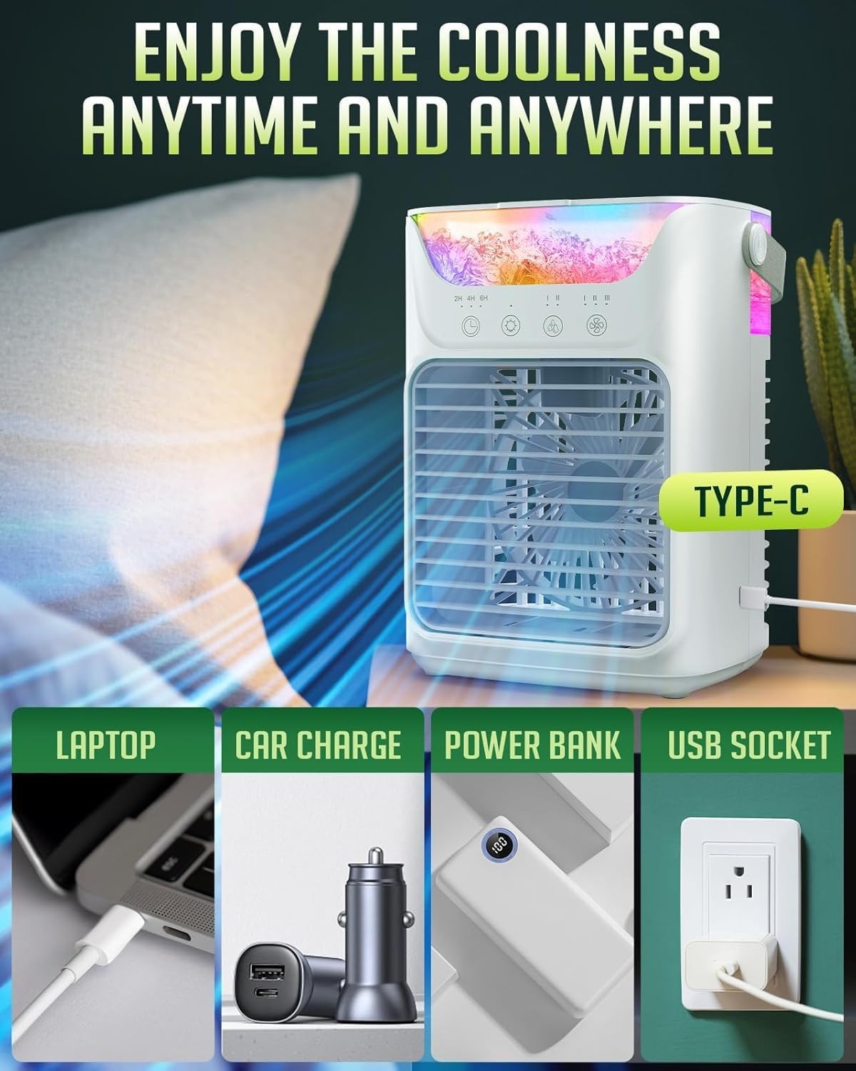Ventilador portátil de AC con 3 niveles de velocidad e iluminación LED de colores