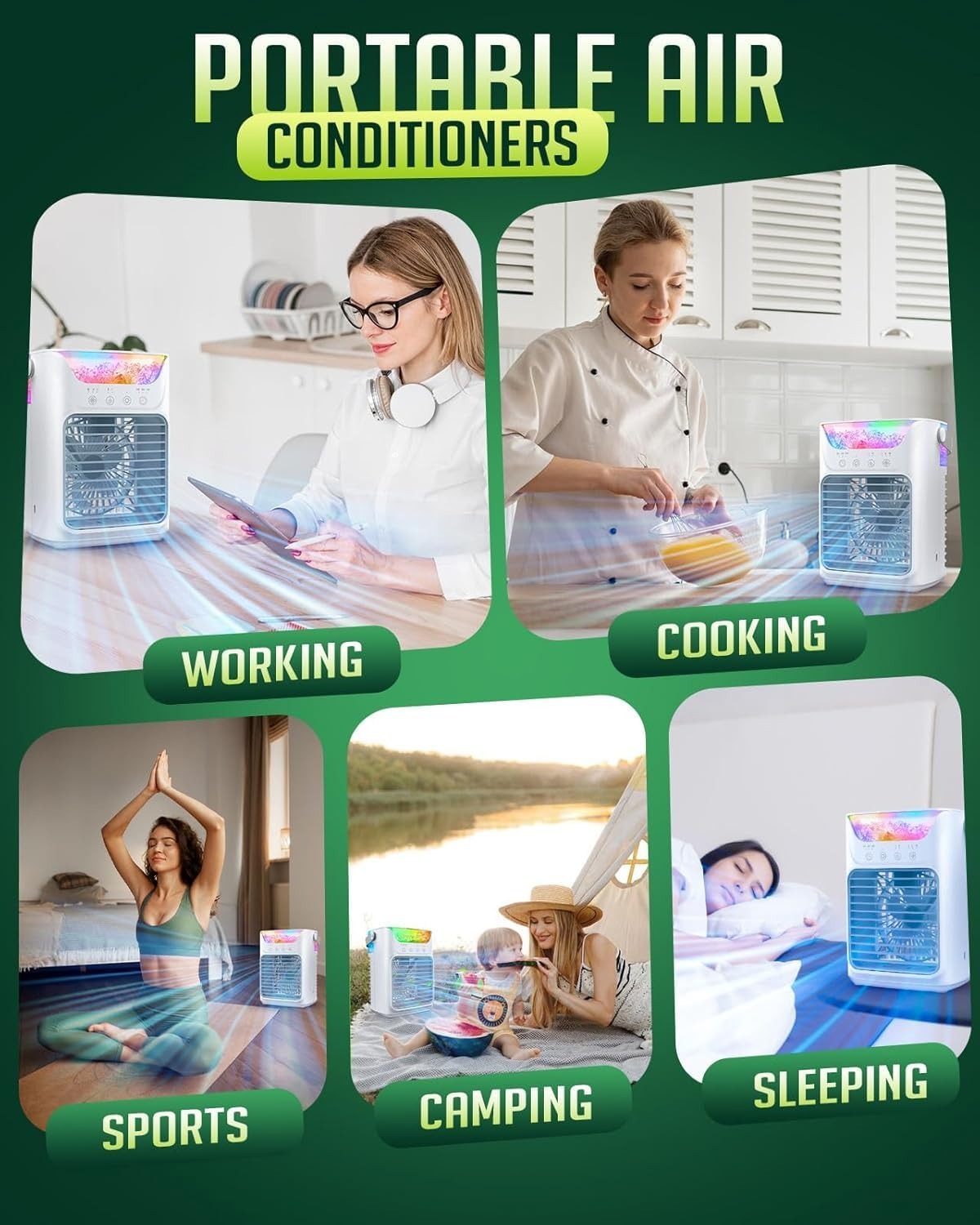 Ventilador portátil de AC con 3 niveles de velocidad e iluminación LED de colores