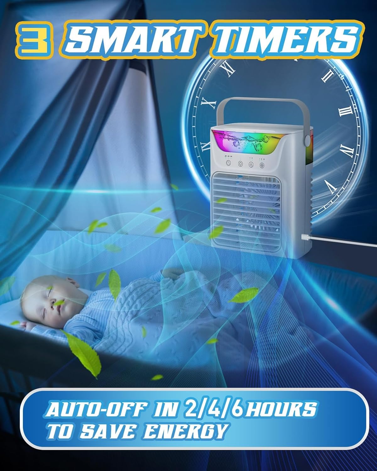Ventilador portátil de AC con 3 niveles de velocidad e iluminación LED de colores