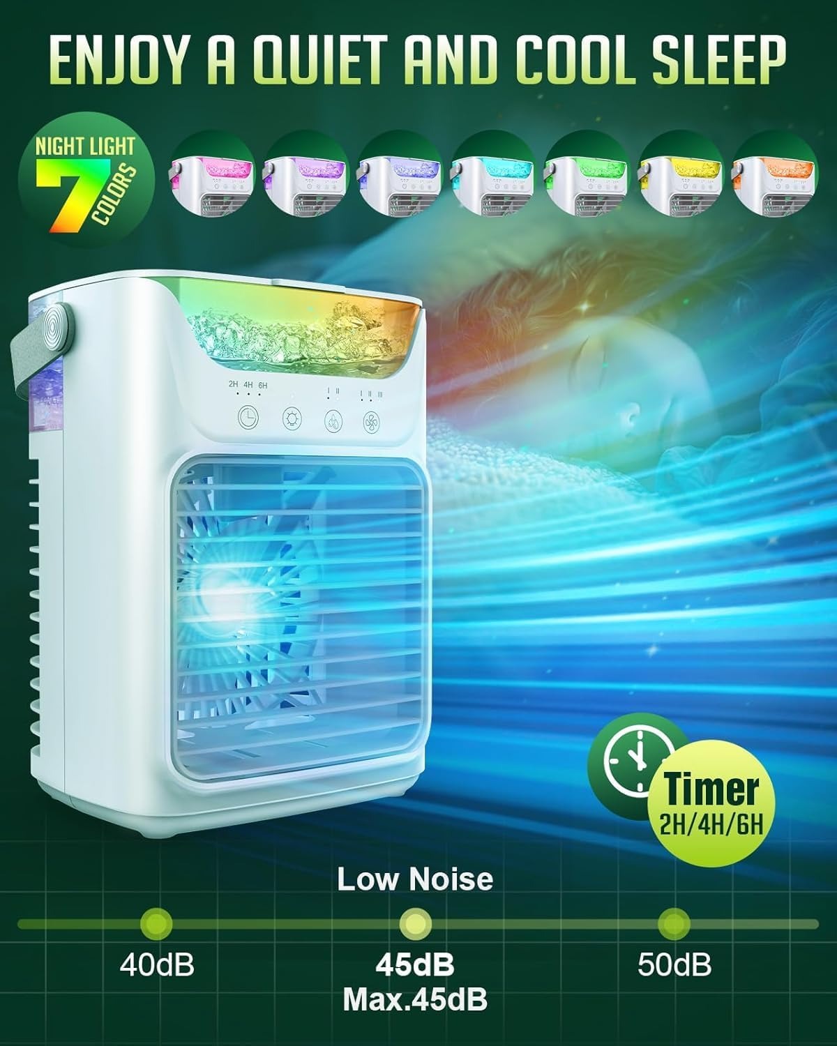 Ventilador portátil de AC con 3 niveles de velocidad e iluminación LED de colores