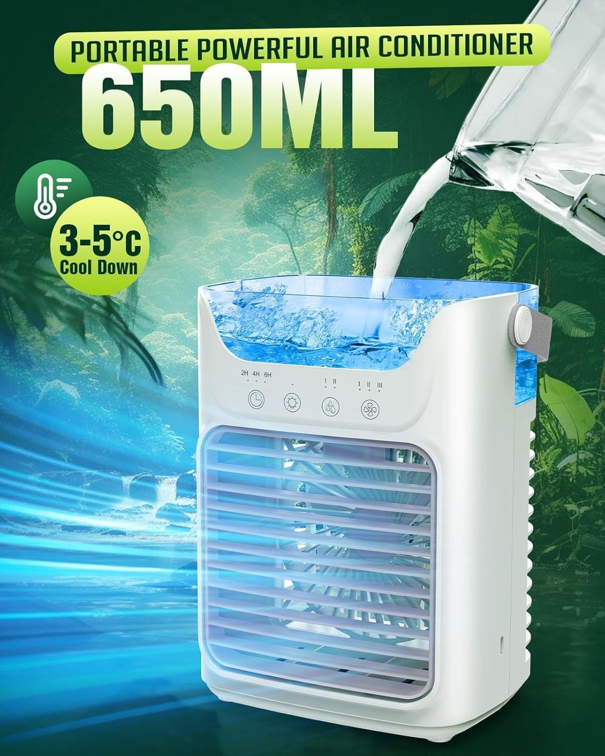 Ventilador portátil de AC con 3 niveles de velocidad e iluminación LED de colores