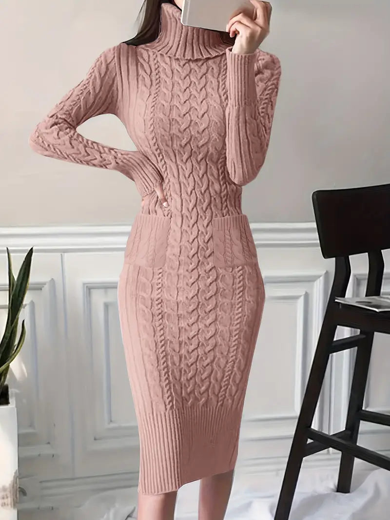 Elegante vestido ajustado de punto por cable con dos bolsillos