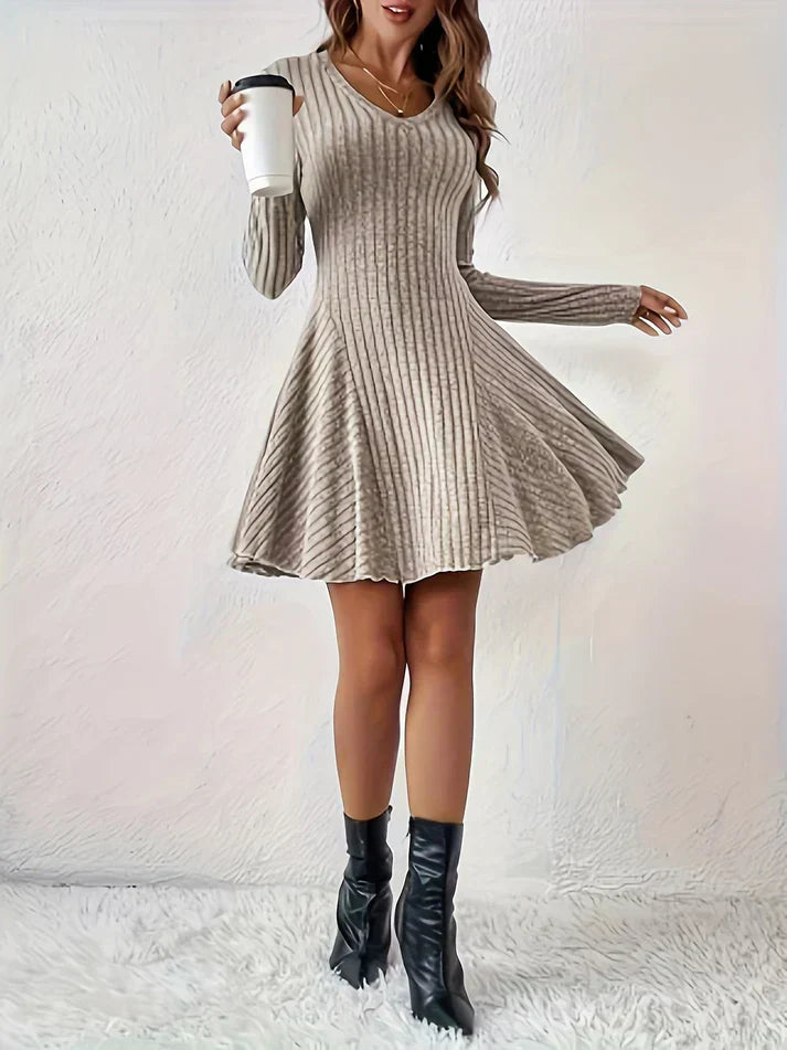 Elegante Vestido De Manga Larga En V De Canalé Para Mujer | Ideal Para Cualquier Ocasión