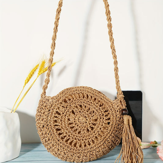 Amelia | Bolso crossbody geométrico redondo hecho a mano con borlas