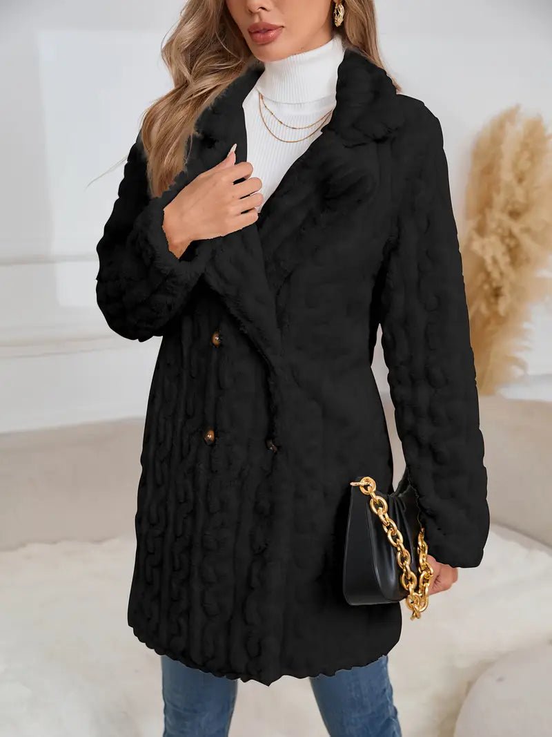 Acogedora chaqueta de invierno para mujer, forro polar - doble botonadura, mangas largas