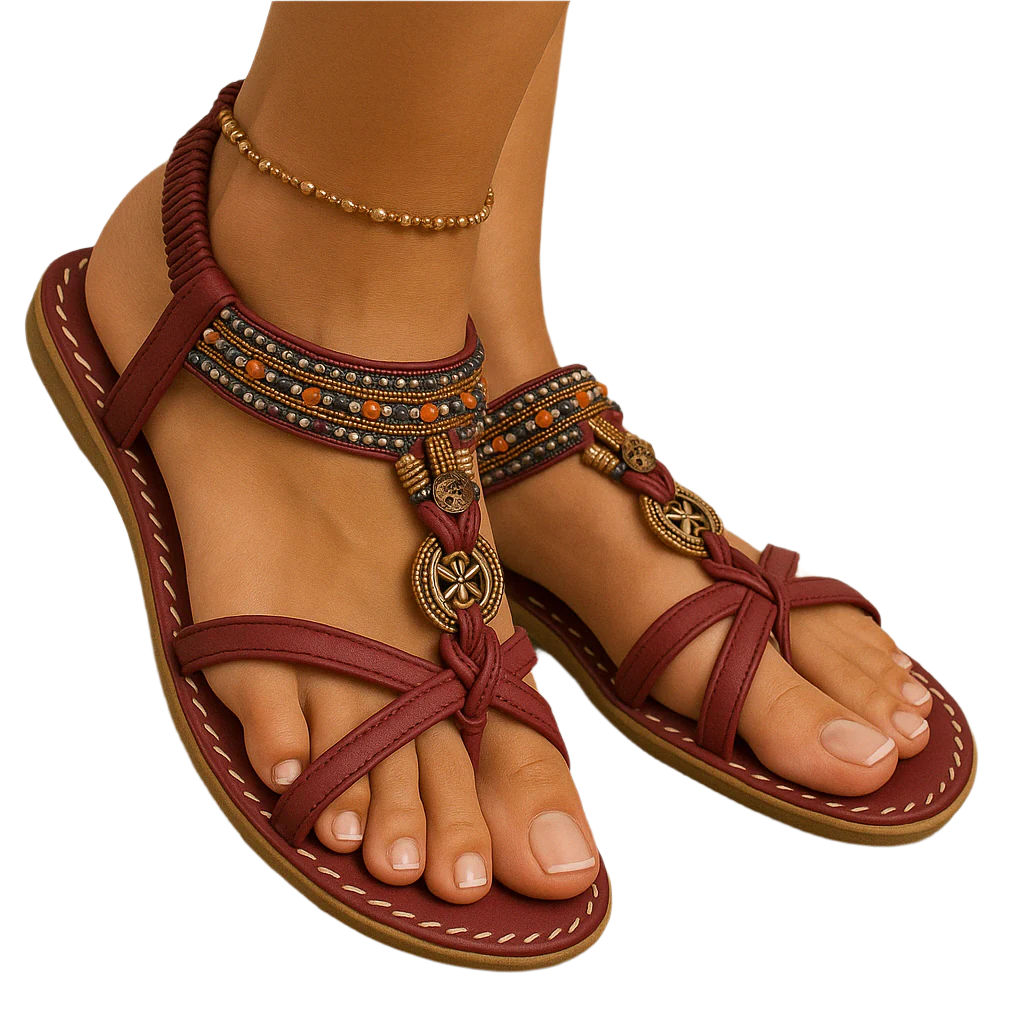 Sandalias boho de verano para mujer con tiras de abalorios y tira en el talón