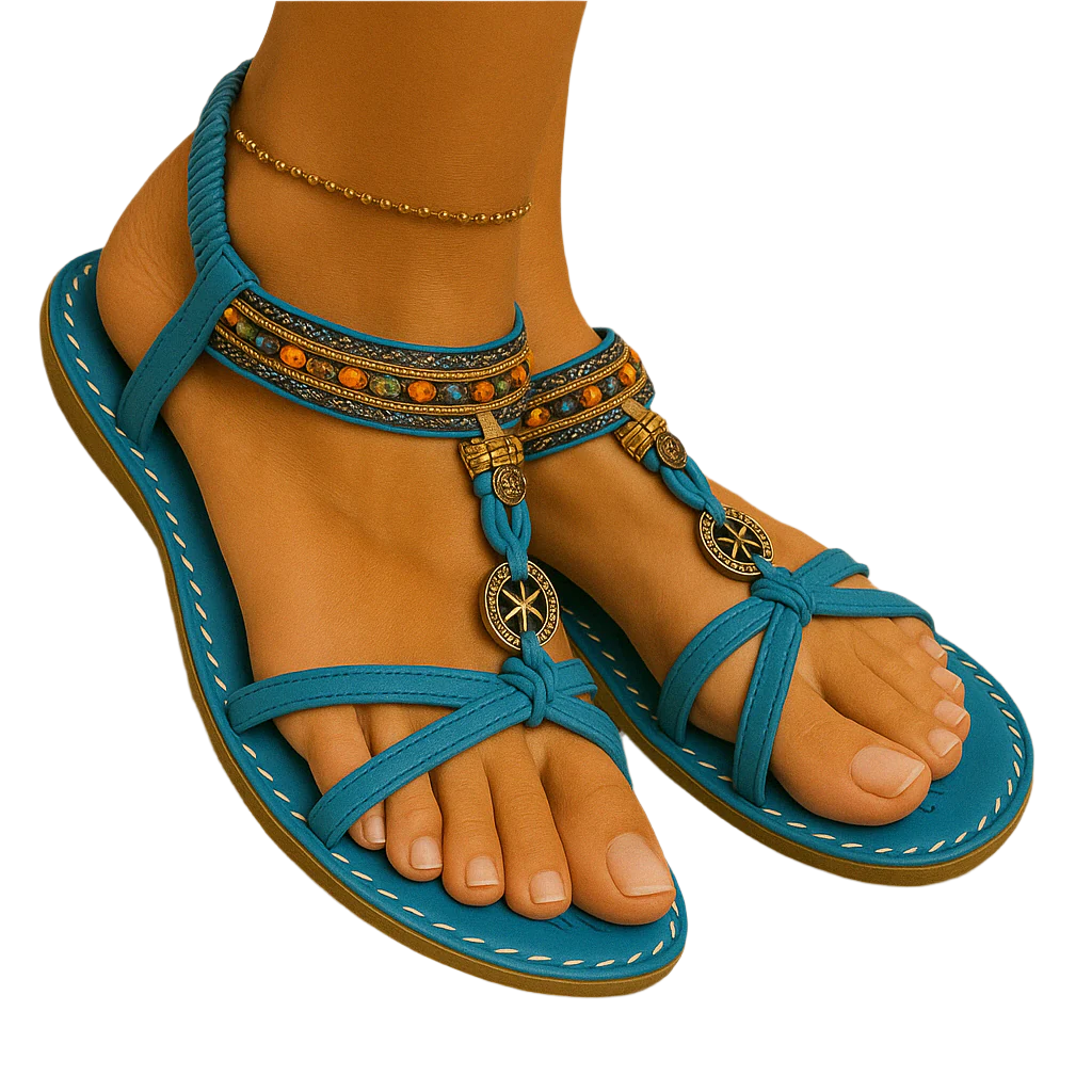Sandalias boho de verano para mujer con tiras de abalorios y tira en el talón