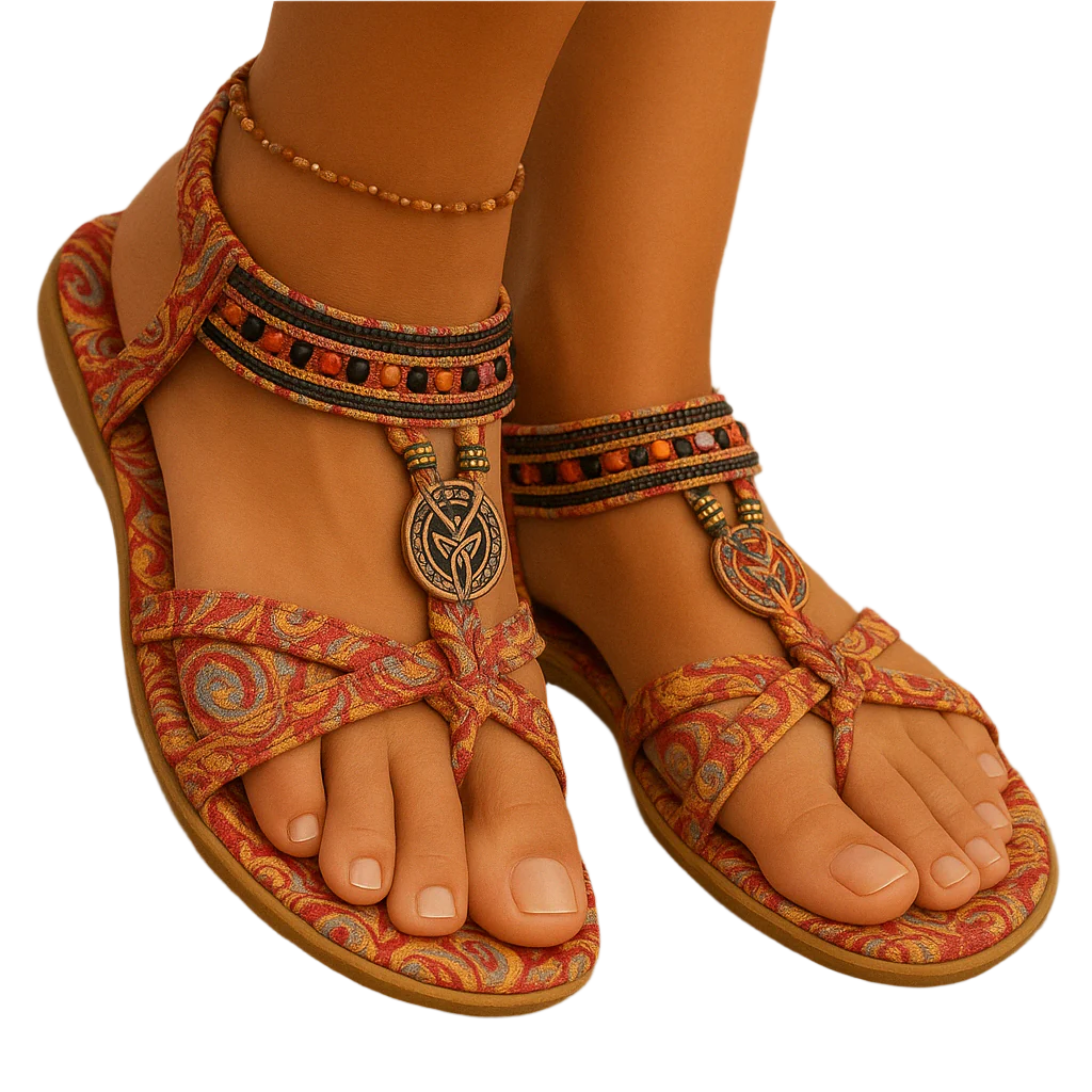 Sandalias boho de verano para mujer con tiras de abalorios y tira en el talón