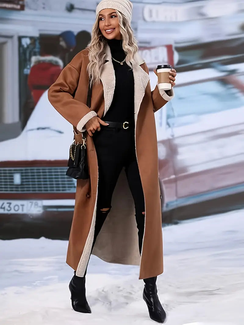 Elegante abrigo de invierno de talla grande - piel sintética, poliéster, elástico