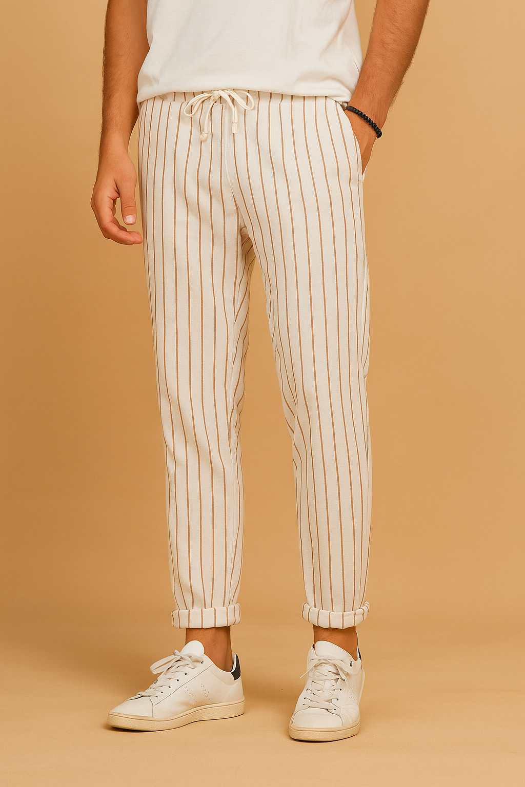 Pantalón rayado de lino hombre estilo casual fresco para verano