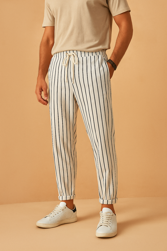Pantalón rayado de lino hombre estilo casual fresco para verano
