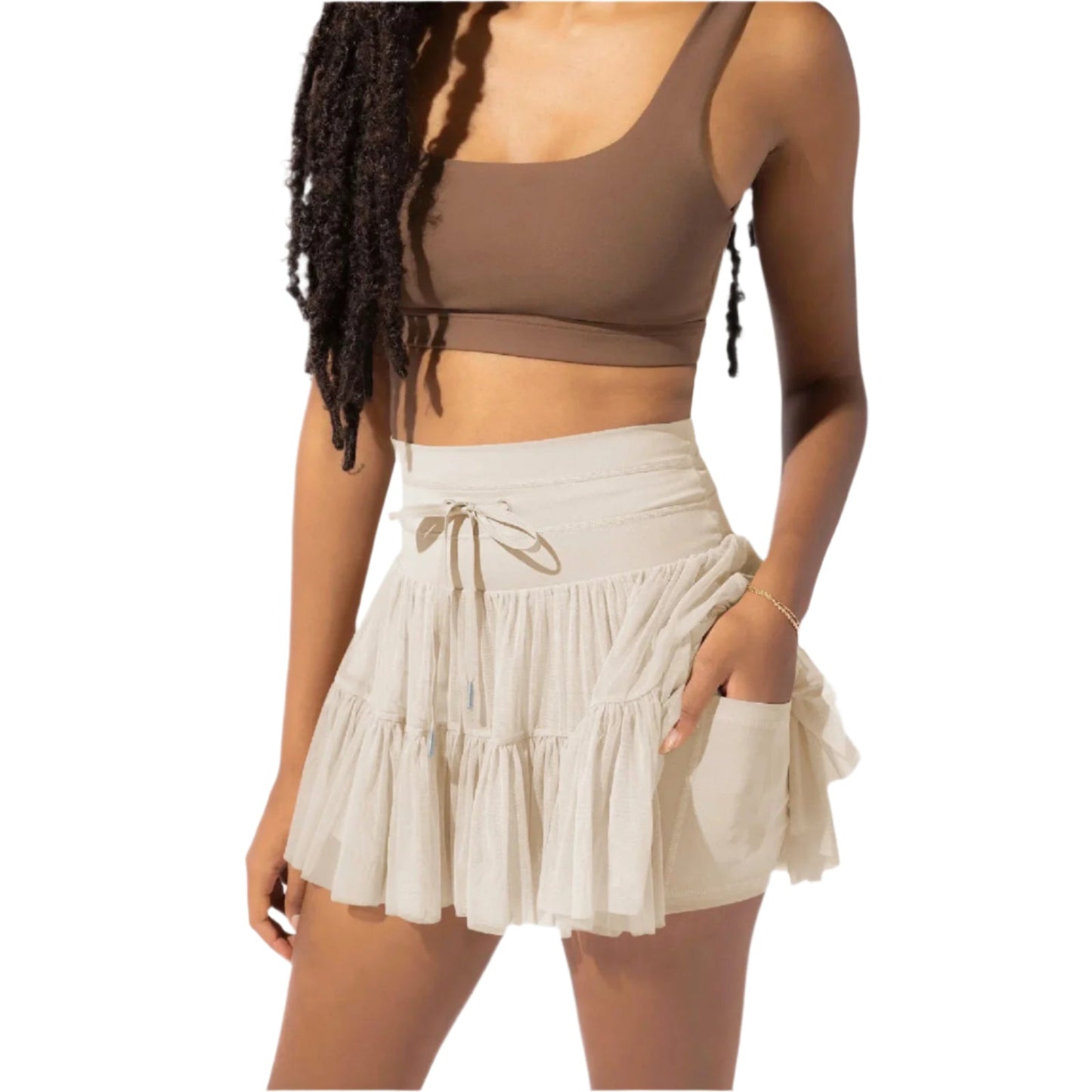 Minifalda mujer cintura alta con pliegues y short integrado