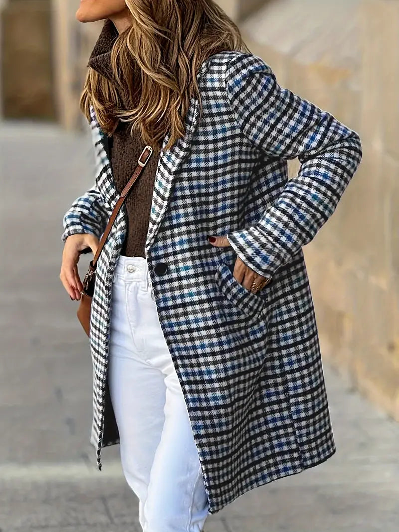 Elegante - Abrigo de invierno a cuadros con botones, poliéster