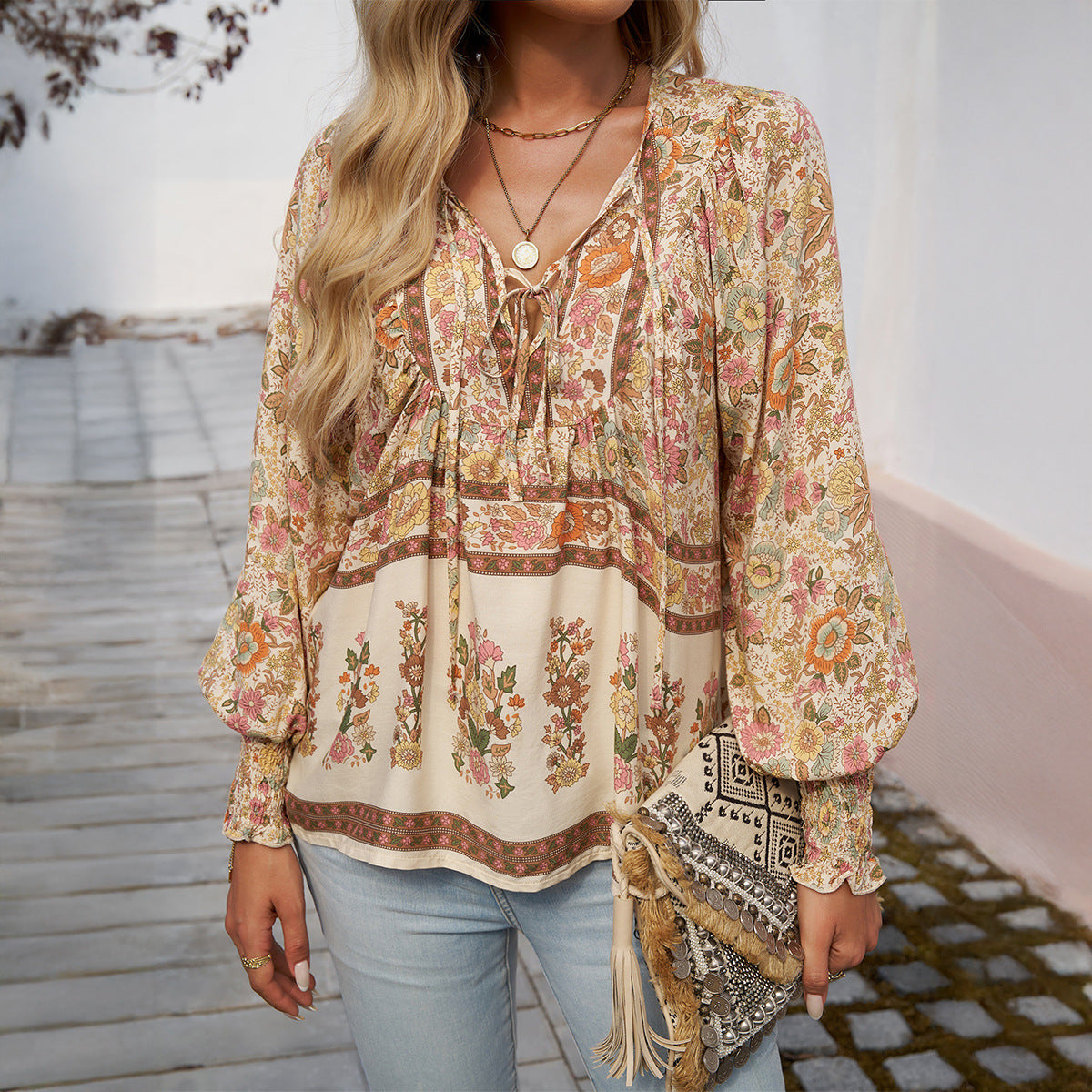 Blusa boho mujer manga larga escote con lazo tela fresca