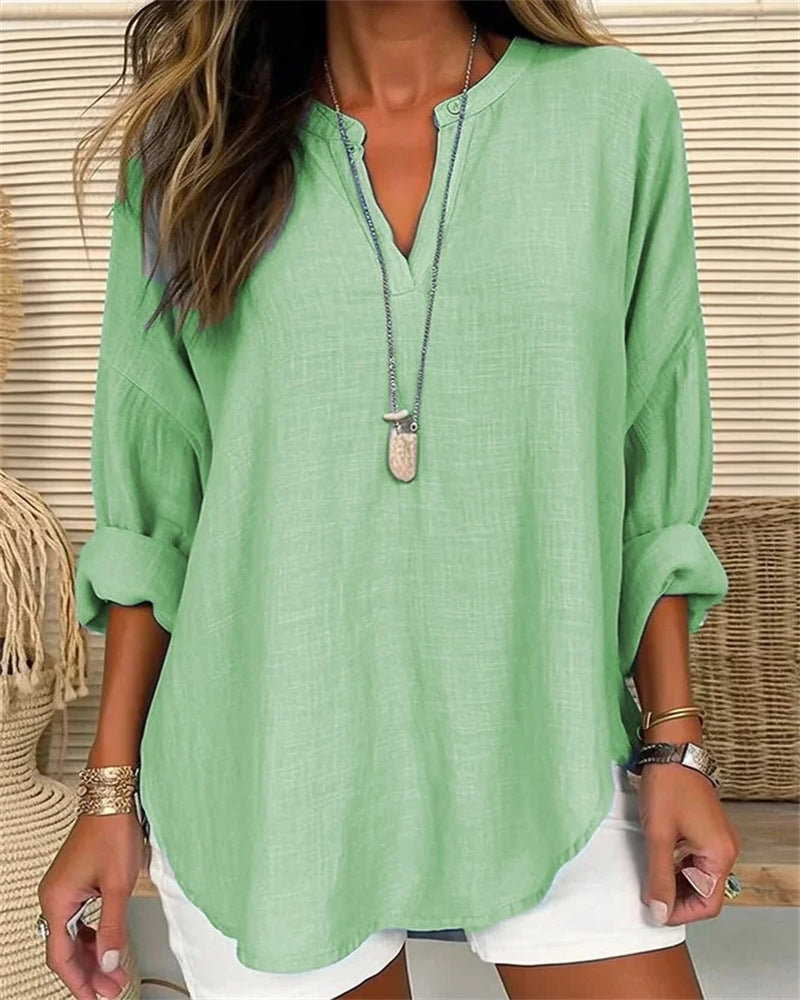 Blusa mujer mezcla lino cuello mao ajuste relajado casual