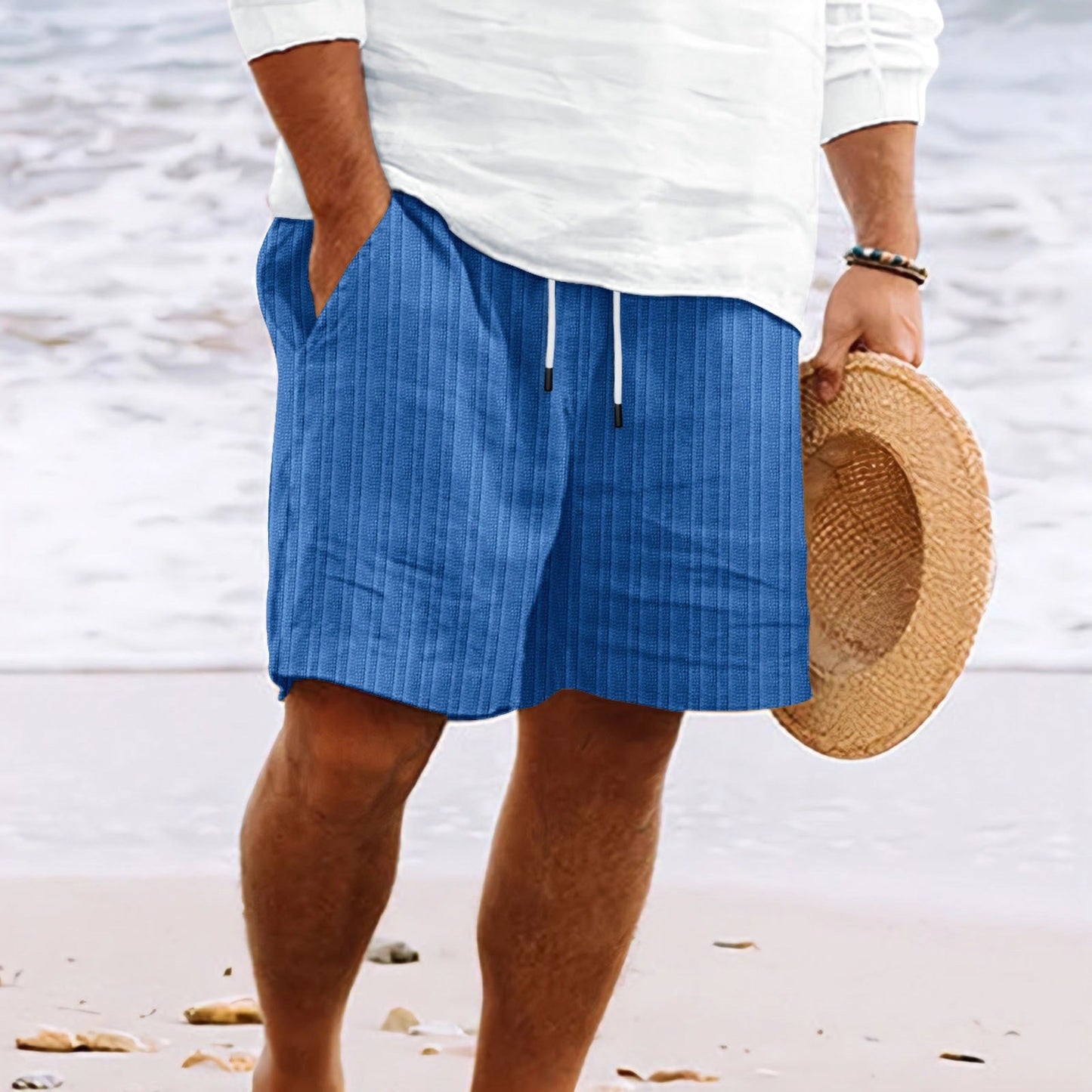Pantalones cortos hombre lino algodón bolsillos y cintura elástica