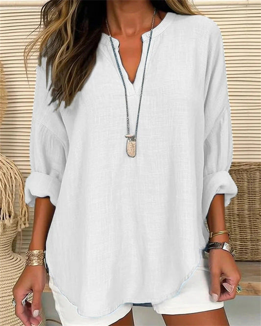Blusa mujer mezcla lino cuello mao ajuste relajado casual