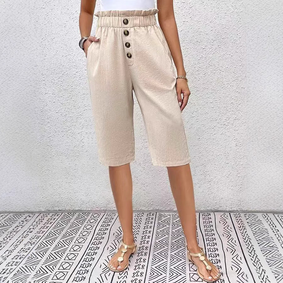 Bermudas de mujer - Corte holgado - Cintura elástica - Botones en la parte delantera - Material ligero