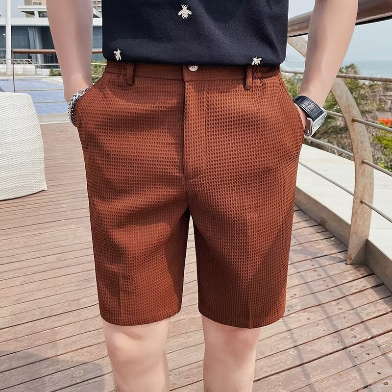 Pantalones cortos a medida para hombre - Corte entallado - Largo hasta la rodilla - Tapeta de botones - Trabillas para cinturón