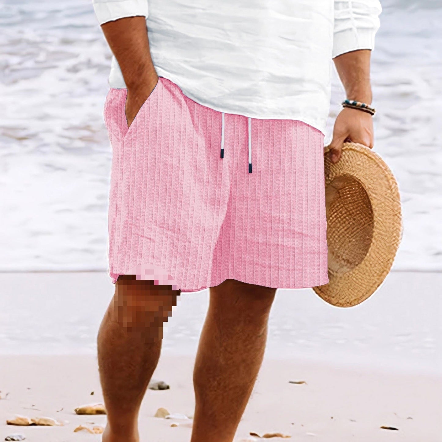 Pantalones cortos hombre lino algodón bolsillos y cintura elástica