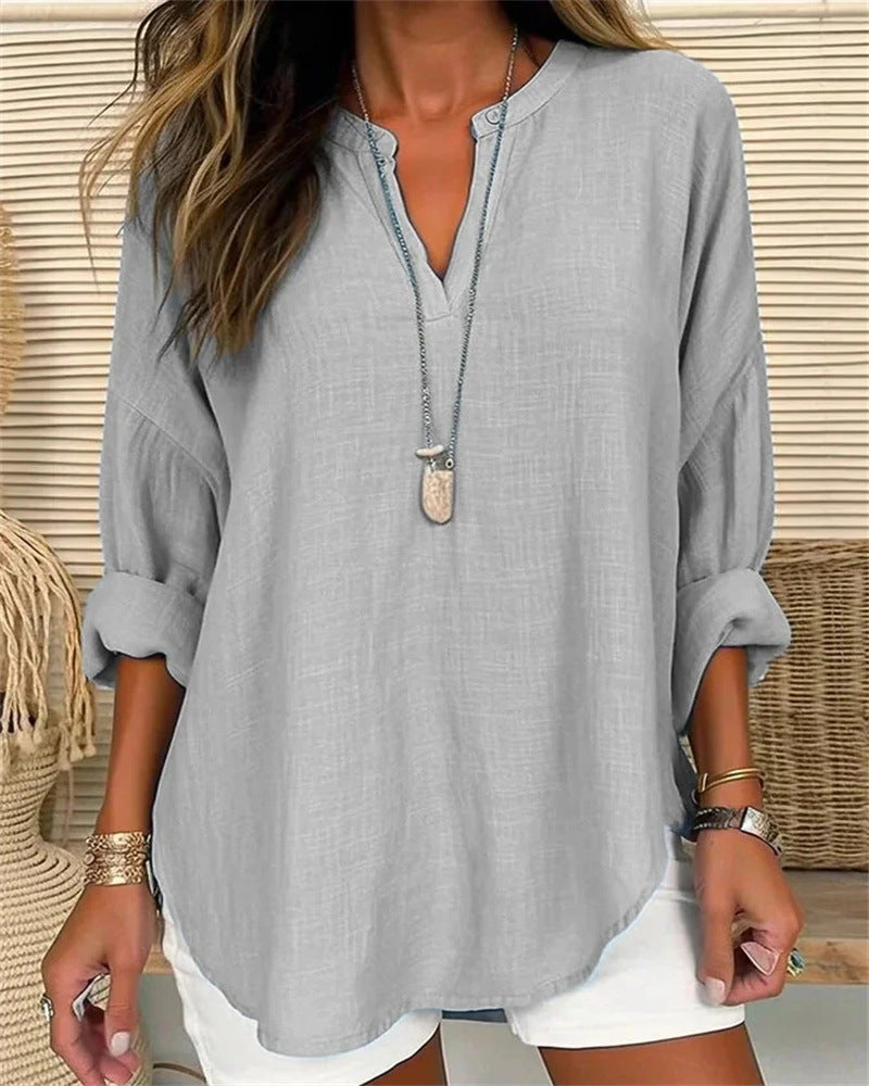 Blusa mujer mezcla lino cuello mao ajuste relajado casual