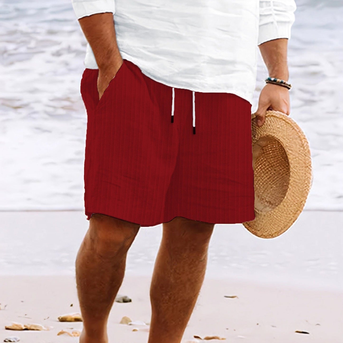 Pantalones cortos hombre lino algodón bolsillos y cintura elástica