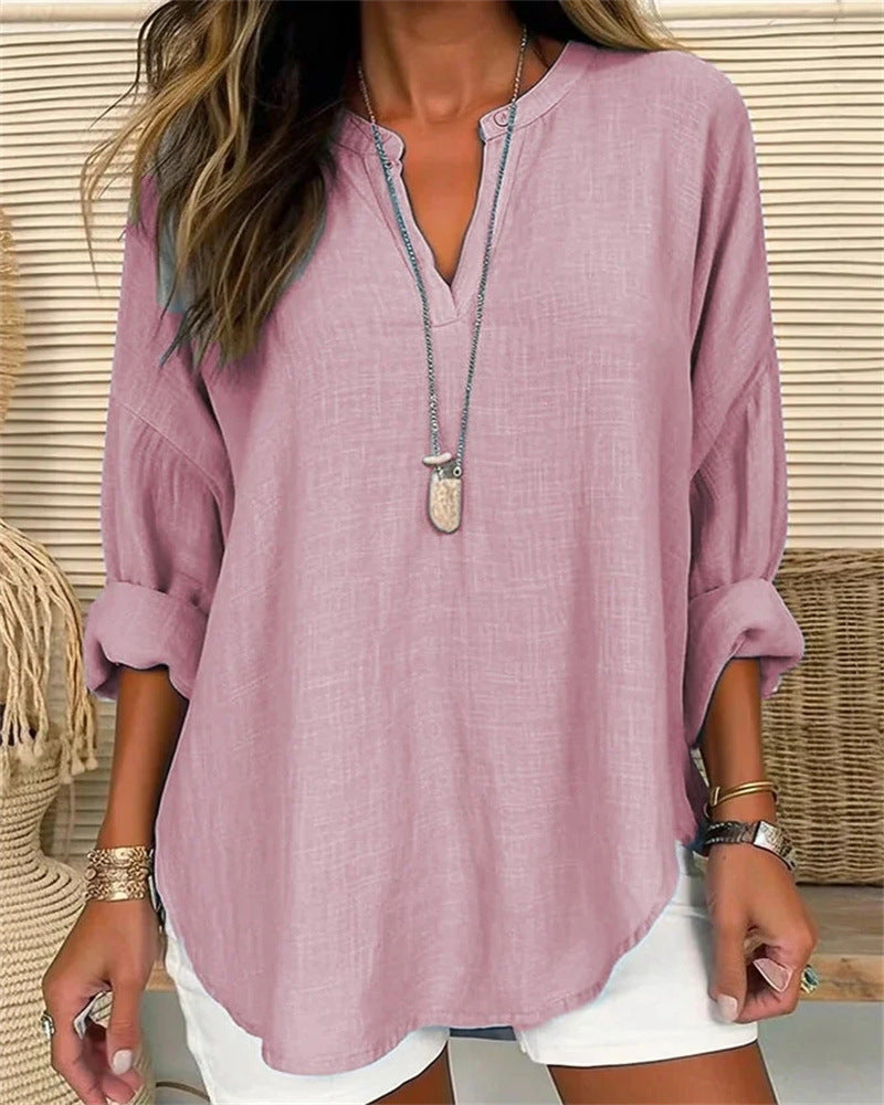 Blusa mujer mezcla lino cuello mao ajuste relajado casual