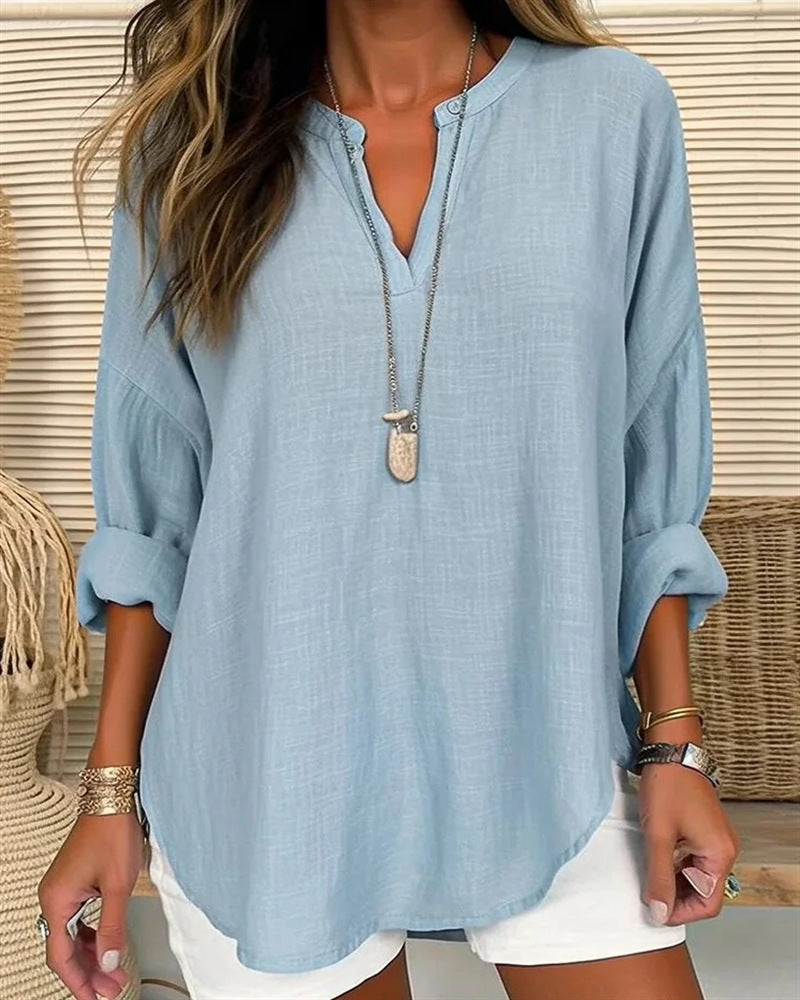 Blusa mujer mezcla lino cuello mao ajuste relajado casual