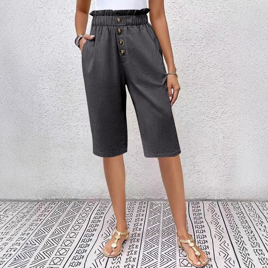 Bermudas de mujer - Corte holgado - Cintura elástica - Botones en la parte delantera - Material ligero