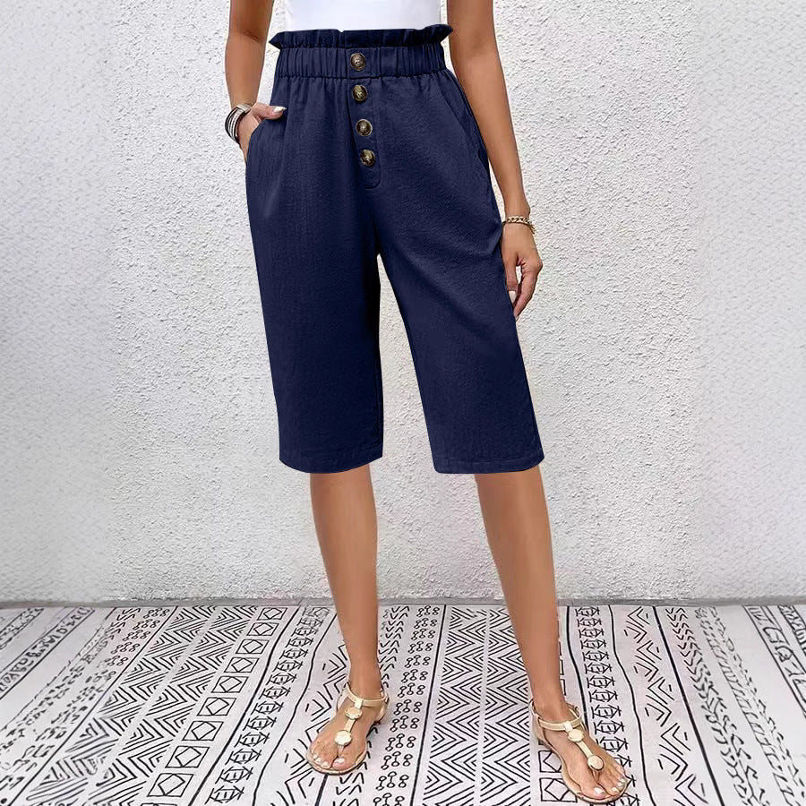 Bermudas de mujer - Corte holgado - Cintura elástica - Botones en la parte delantera - Material ligero