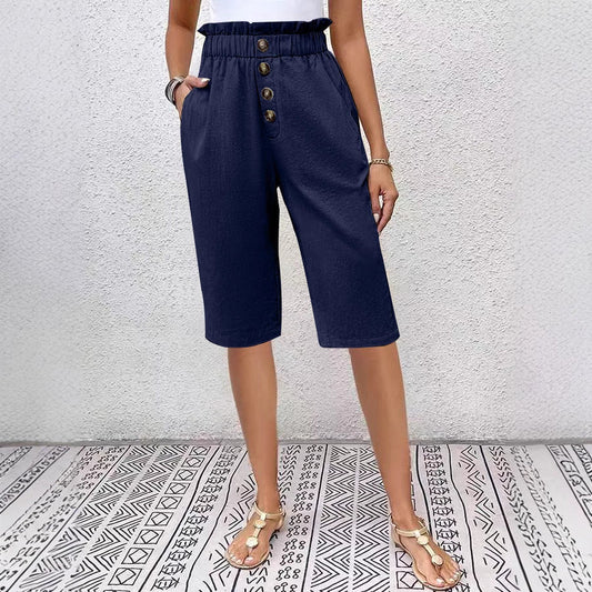 Bermudas de mujer - Corte holgado - Cintura elástica - Botones en la parte delantera - Material ligero