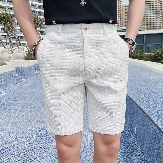 Pantalones cortos a medida para hombre - Corte entallado - Largo hasta la rodilla - Tapeta de botones - Trabillas para cinturón