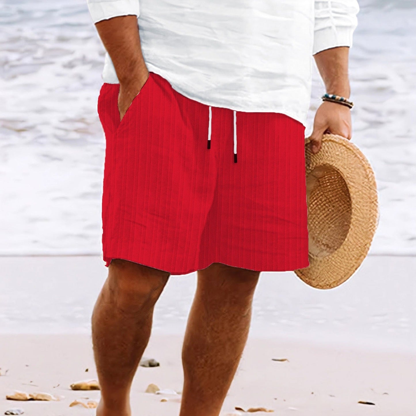 Pantalones cortos hombre lino algodón bolsillos y cintura elástica