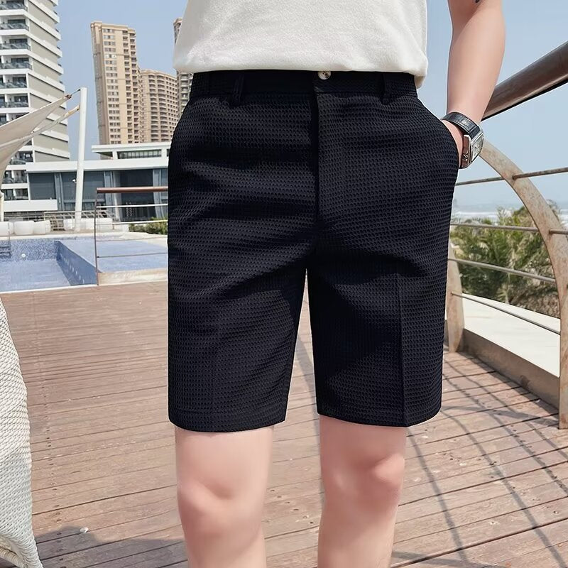 Pantalones cortos a medida para hombre - Corte entallado - Largo hasta la rodilla - Tapeta de botones - Trabillas para cinturón